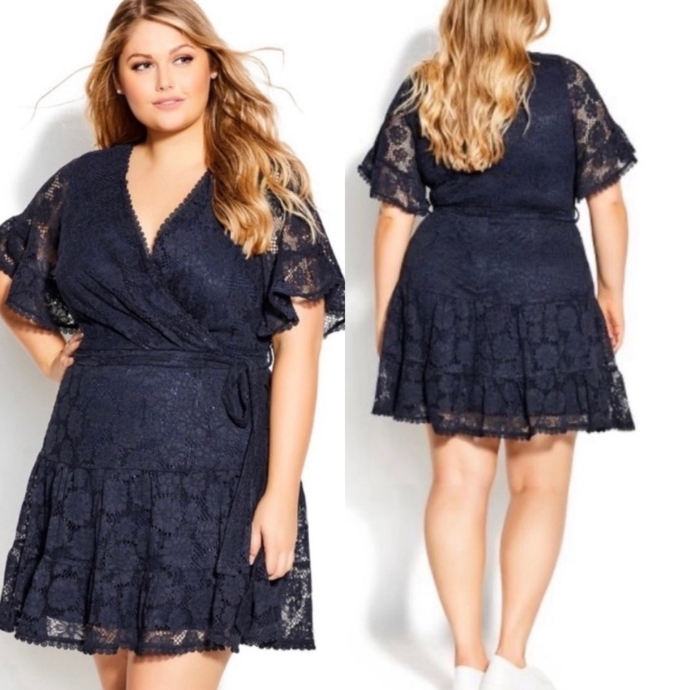 NWT City Chic Garden Kisses Lace V-Neck Ruffle Sleeve Mini Dress in Navy